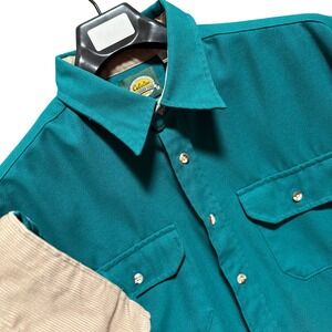 Cabelas Long Sleeve Button Up Shirt Teal Polyester XLT Flip Cuff Tall Made USA